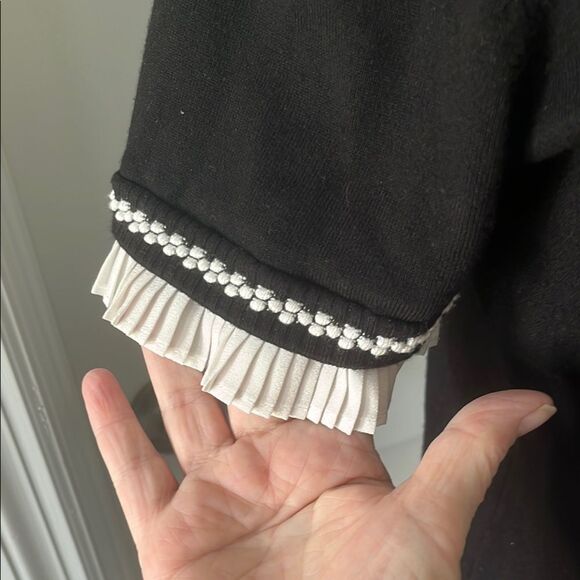 Karl Lagerfeld Black with Ruffled Sleeve White Stitching Detail Sweater - Picture 4 of 8